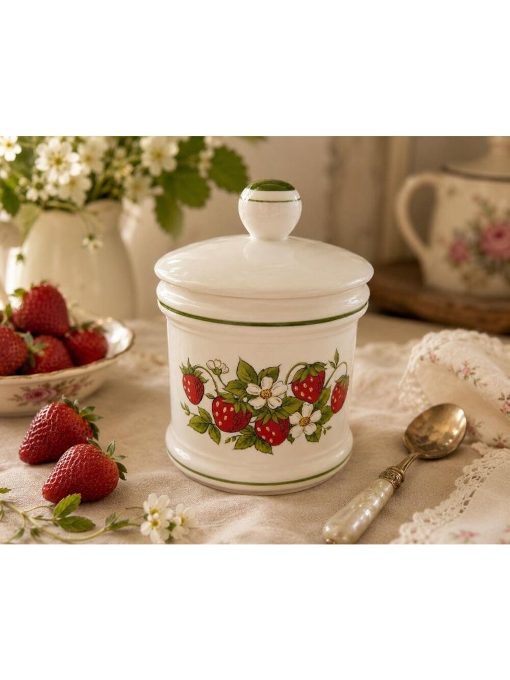 Vintage Strawberry Ceramic Canister with Lid | Made in Japan Cottagecore Kitchen
